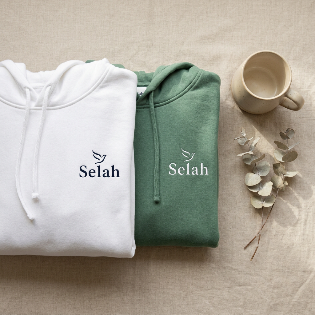 Selah hoodies folded on linen